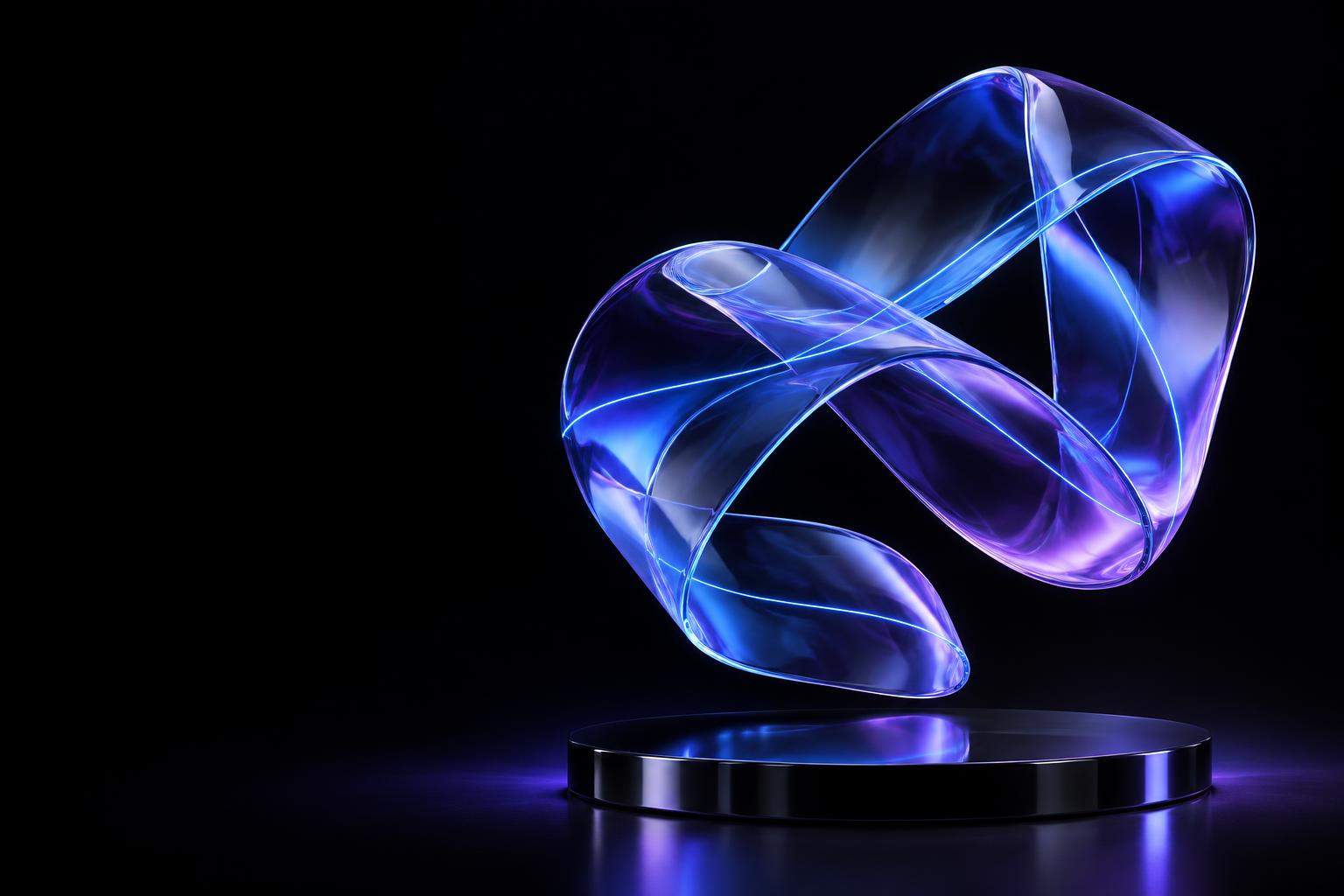 Escultura de cristal azul y violeta con formas entrelazadas
